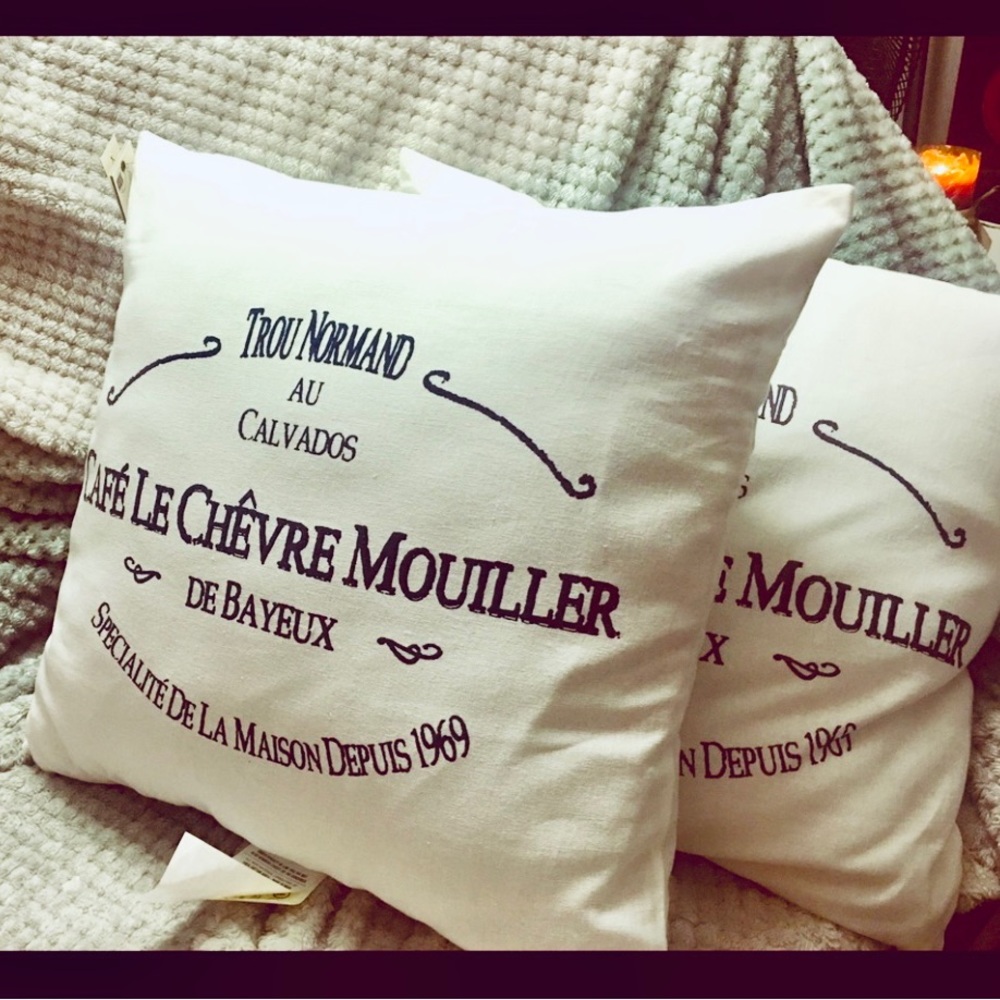 "Café le Chèvre Mouiller" 2 pc Set 18x18" Decorative Pillow Covers